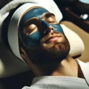 Depilação e Estética para Homens - Máscara de Diamante Azul: "Homem relaxando com uma máscara facial azul esfoliante de pó de diamante, combinada com colágeno e ácido hialurônico para hidratar, refinar a pele e proporcionar um brilho saudável