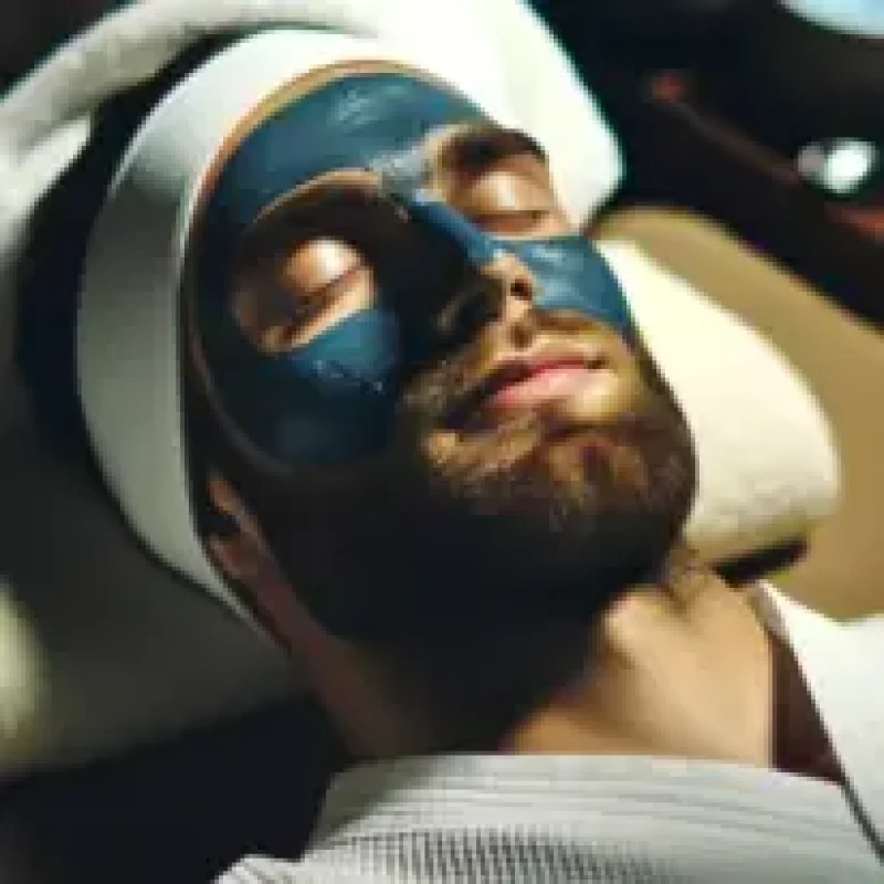 Mascara de Diamante azul Depilação e Estética para Homens - Máscara de Diamante Azul: "Homem relaxando com uma máscara facial azul esfoliante de pó de diamante, combinada com colágeno e ácido hialurônico para hidratar, refinar a pele e proporcionar um brilho saudável