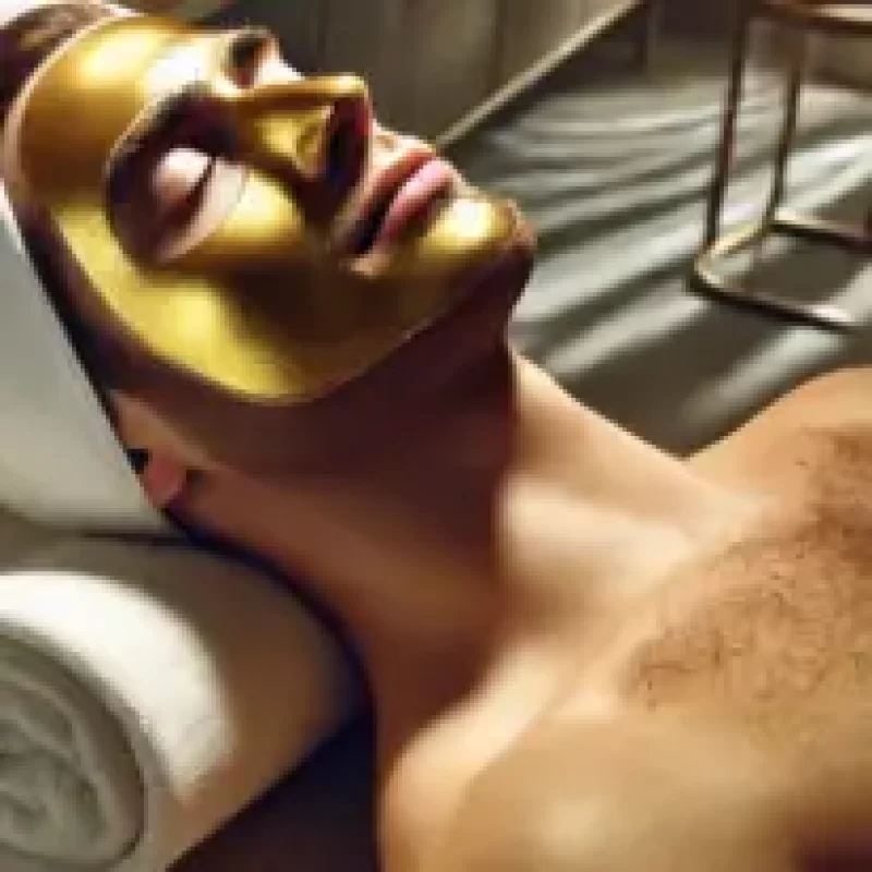 Máscara de Ouro 24 Quilates: "Homem deitado em uma maca de spa usando uma máscara facial de ouro 24 quilates, que hidrata e nutre profundamente a pele, restaurando firmeza e elasticidade